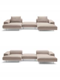 Detail of the peculiar floating effect of this solution that includes from left to right: chaise longue, central pouf, end element