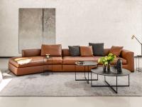 Modern sofa with an inclined peninsula Holiday, in the version without backrets cushions, upholstered in leather in the colour cognac