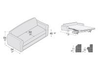 Schemes and measurements of Camelia sofa bed, with details of the adjustable armrest