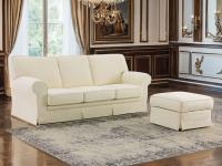 Levante classic fabric sofa with flounces, here version with three seats and coordinated pouf