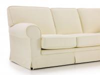 Levante classic sofa with fabric flounce, detail of the armrest and seat and back cushions