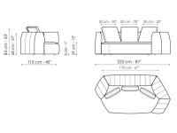 Panorama New sectional sofa with hexagonal elements - Diagram and measurements of the terminal element, available with an armrest on the left or right