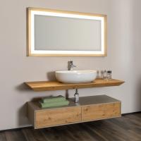 Kyoto wall-mounted bathroom vanity including wooden shelf and lacquered base unit with wooden front, mirror and ceramic washbasin