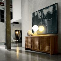 Seki design sideboard characterised by a front made of slats here pictured with a wavy line in natural walnut and wengé