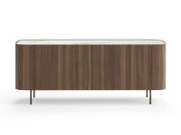 Lena modern sideboard with a Canaletto Walnut shell and Calacatta Gold ceramic top, with metal feet painted bronze