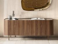 Lena modern sideboard with a Canaletto walnut shell, and a ceramic top in the shiny Calacatta Gold effect