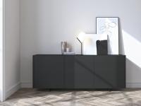 Frontal view of Maia modern sideboard with metal feet; top and doors lacquered in charcoal colour