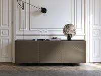 Frontal view of Maia modern sideboard with metal feet, top in solid wood painted in Black Ash-wood and doors in quilted leather