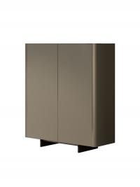 Three-quarter view of Maia modern cupboard with metal feet and doors covered in smooth leather