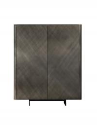 Frontal view of Maia modern cupboard with metal feet; top and doors in brushed bronze