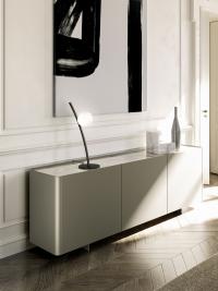 Three-quarter view of Maia modern sideboard with metal feet, Glossy Onix ceramic and Titanium lacquered doors