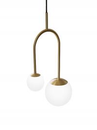 Detail of the Hope chandelier with hand-blown milk white frosted glass spheres, brushed gold painted metal frame in the single pendant version