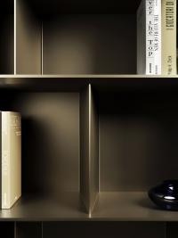 Detail of the wooden shelves and structure in a bronze matt lacquer, with matching metal book dividers