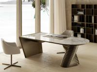 Vortex desk with glossy Onyx ceramic top, Bronze lacquered metal base and sloping side, Bronze lacquered wooden under top and drawer