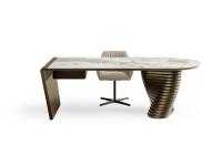 Front view of the Vortex desk with glossy Onyx ceramic top, bronze lacquered metal base and inclined side, under top and drawer in bronze lacquered wood