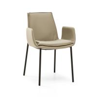 Dalila padded chair with cushion and armrests. Leather upholstery and metal legs in Charcoal-painted finish.