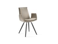 Dalila padded chair with cushion and armrests. Leather upholstery and wooden trestle legs in the Black-painted finish.