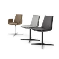 Dalila padded chairs, with and without armrests. Leather upholstery and 4-spoke swivel base in brushed aluminium and Black-painted metal.