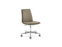 Dalila padded chair with cushion and without armrests. Leather upholstery and 5-spoke swivel base on wheels, in brushed aluminium.