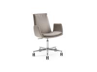 Dalila padded chair with cushion and armrests. Leather upholstery and 5-spoke swivel base on wheels, in brushed aluminium.