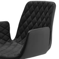 Close up of the diamond-quilted and upholstered Will chair, with armrests. Leather upholstery and metal cantilever base in the Titanium finish.