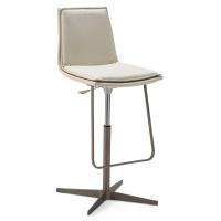 Front view of the Dalila stool with swivel base. Leather upholstery and brushed-aluminium base in the Titanium finish.