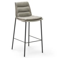 Front view of the Dama swivel stool with metal legs. Leather upholstery and painted metal legs in the Charcoal finish.