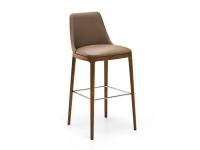 Michela stool with solid-wood structure and tall backrest. Leather upholstery and solid-wood legs in Canaletto Walnut stained ash wood.