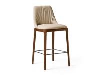 Michela stool with folding detail on the backrest. Leather upholstery and solid-wood legs in Canaletto Walnut stained ash wood.
