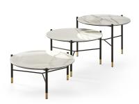 Dawson round ceramic coffee table set with contrasting black painted metal frame with gold feet