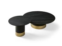Pair of Hidalgo coffee tables with cylindrical bases and marble tabletops in the Nero Marquinia finish. Two-tone base in Black metal with contrasting lower ring in Gold. 
