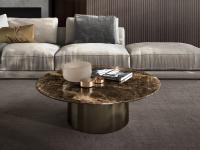 Hidalgo round coffee table with cylindrical base and marble top in the Emperador finish. Monochrome metal base in the Bronze finish.