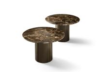 Pair of Hidalgo coffee tables with cylindrical bases and marble tabletops in the Emperador finish. Monochrome metal bases in the Bronze finish.