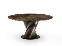 Vortex design table with round top in glossy Emperador marble and base in bronze metal