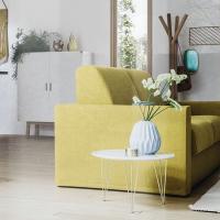 Lateral view of Carson sofa bed in a light but particular and cheerful colour