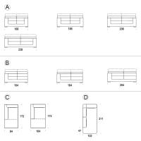 Tecnical schemes of sofa Zenzero: A) linear sofas B) side elements C) chaise longue D) meridienne