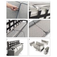 1) Strip to rotate the backrest of the sofa bed 2) block that avoid the sliding of the mattress 3) 4) Seat cushions attached through zip 5) Back with pillow storage compartment 6) Entireli dismantable structure with removable fabric