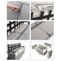 1) cord to pull backrest forward 2) stops which prevent the mattress from slipping 3) 4) seat cushions fixed with hinges 5) back with storage compartment 6) structure can be entirely dismantled and upholstery can be removed