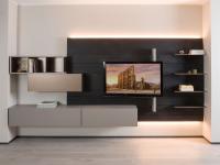 FreeHand 12 wall panelling - wall-hung base units, drop-down wall unit, open wall unit and shelves, with swivel TV stand