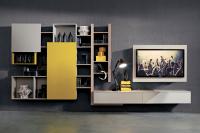 Side 02 is a suspended living room wall system with container shelves with open or closed wall units, container base with drawers, orientable TV panel - (finitura laccato opaco giallo non disponibile)