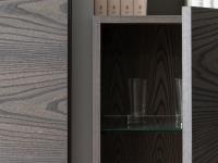Detail vertical wall units with wooden structure and internal glass shelves 
