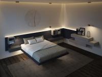 Coordinated bedroom set with Overfly bed and wall panelings with drawers and LED lights
