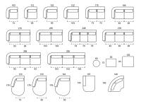 Modularity of terminal elements, chaise-longue, panoramic terminal, curved corner element and pouffe