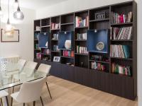 Modular bookcase with shelves, baskets, open compartments