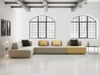 Prisma modular sofa system with movable backrests upholstered with Touch Melange and Leiza Damier fabrics