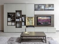 Wall unit 370 cm long, complete with storage space, drawers, open compartments, display cabinet, suspended TV back panel