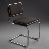The Cesca B32 Chair by Marcel Breuer - seat upholstered in black fabric, edge in black lacquered beech wood and chromed steel structure