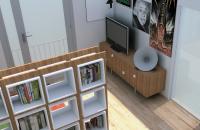 Progettazione 3D Open Space Monolocale - zona soggiorno con libreria e credenza di design