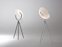Demi Moon lamp with dome-shaped PMMA shade, micropierced fixed to a three-legged structure in white or black