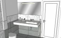 Bathroom design project with big shelf and wall-mounted columns - view of the big shelf